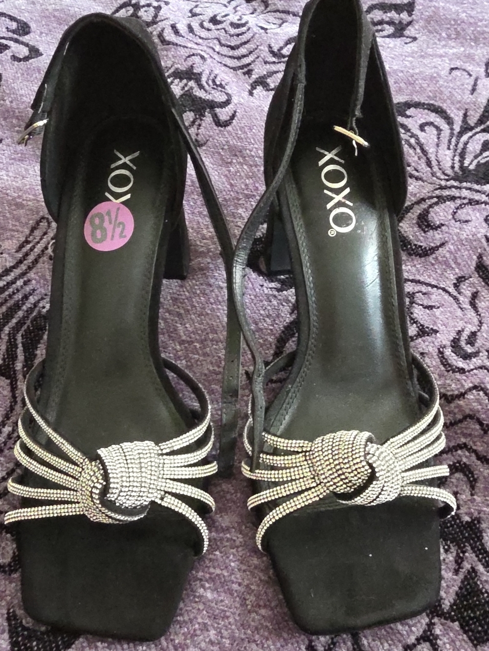 XOXO Black Strappy Rhinestone Knot Heels